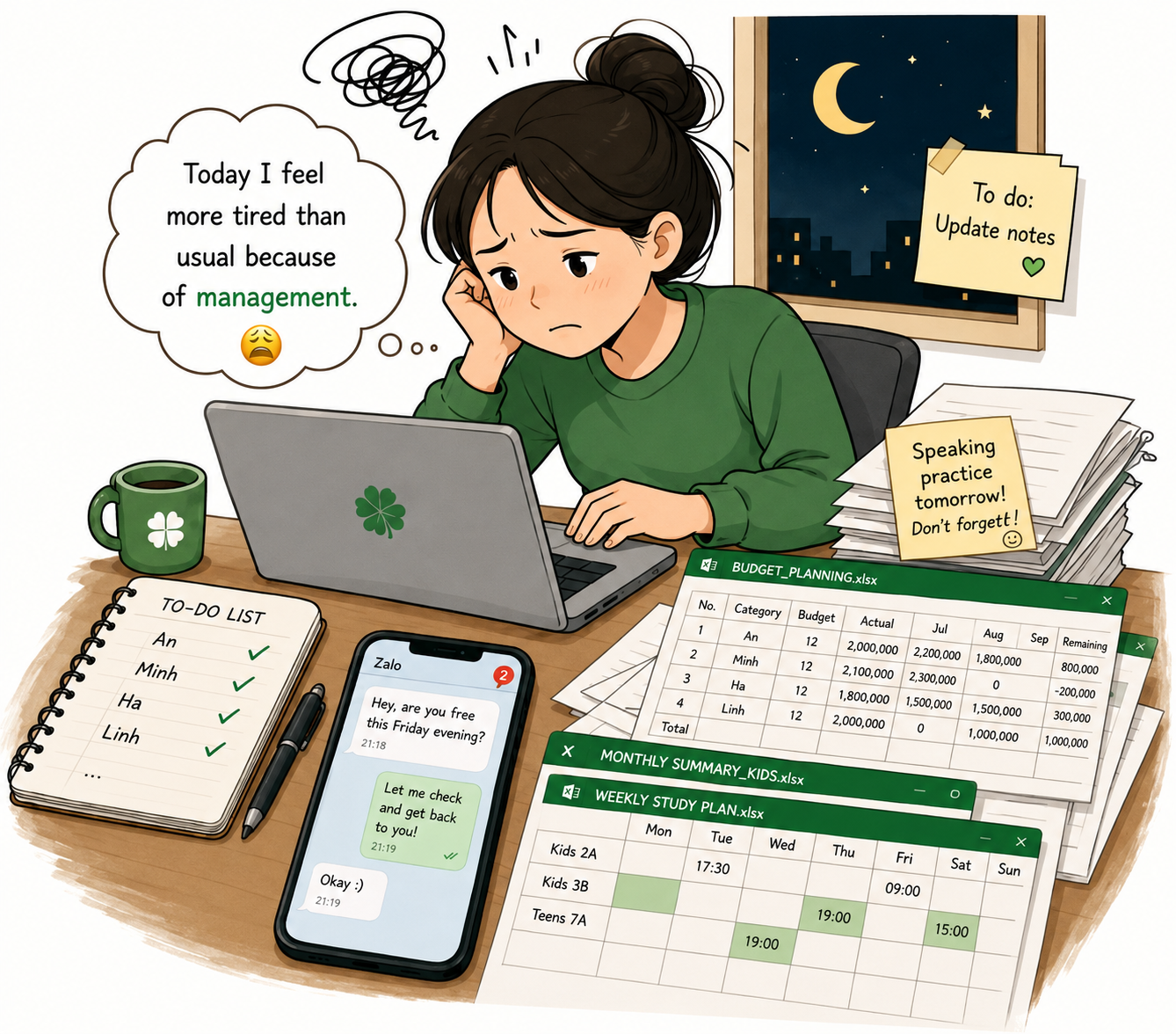 A tutor on a Sunday evening, tired from Zalo messages, an attendance notebook, and scattered tuition spreadsheets